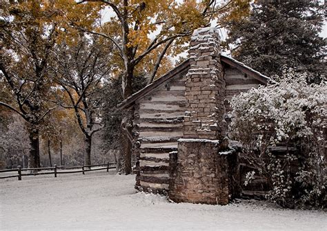 Log Cabin In Snow Storm Photo And Image Architecture
