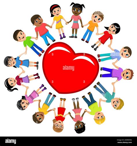 Group Of Multicultural Kids Hand In Hand Around Big Heart Isolated On