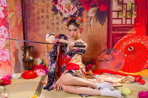 Asian Women Model Brunette Looking At Viewer Geisha Legs