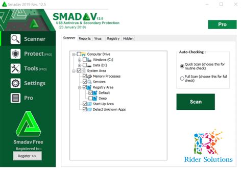 Download the smadav 2020 version from this link, install and launch the program, navigate to the settings tab, enter the name and key found at the end of this article and click on register, name: Smadav Antivirus Pro 2020 Free Download » RiderPC