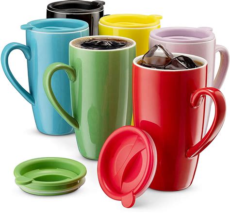 Mitbak 6 Pack Ceramic Coffee Mug Set With Lids 16 Ounce Large Colored Insulated Tumbler Mugs