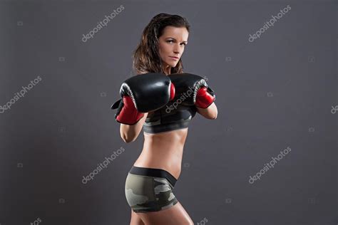 Tough Fitness Woman With Boxing Gloves Wearing Camouflage Sport Stock