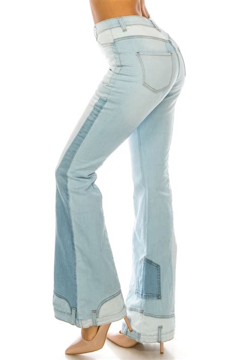 Aphrodite Jeans Super High Waisted Color Block Distressed Flare Jeans