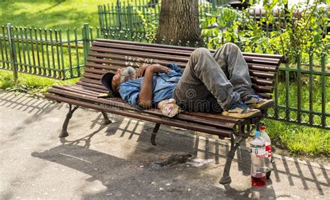 Homeless Man Sleeping On A Bench In Daylight Editorial Photo Image Of