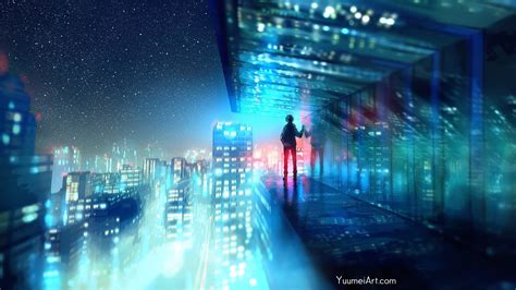 Download 1920x1080 Anime City Night Buildings Cityscape