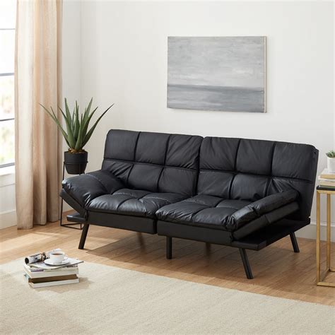 Contemporary Black Faux Leather Convertible Memory Foam Futon Sleeper Sofa New Furniture Home