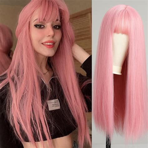 Emmor Pink Wig With Bangs For Women Long Straight Wigs