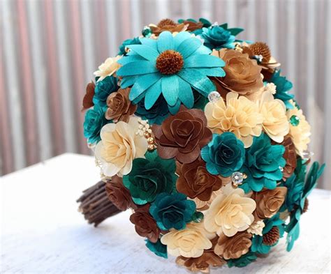Teal Wedding Bridal Bouquet Made Of Teal Brown Copper