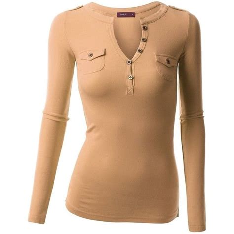 Doublju Womens Long Sleeve Henley Neck T Shirts With Dual Snap Flap