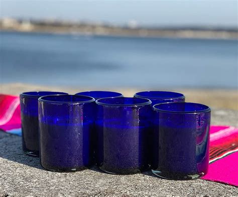 hand blown mexican drinking glasses set of 6 cobalt tumbler etsy