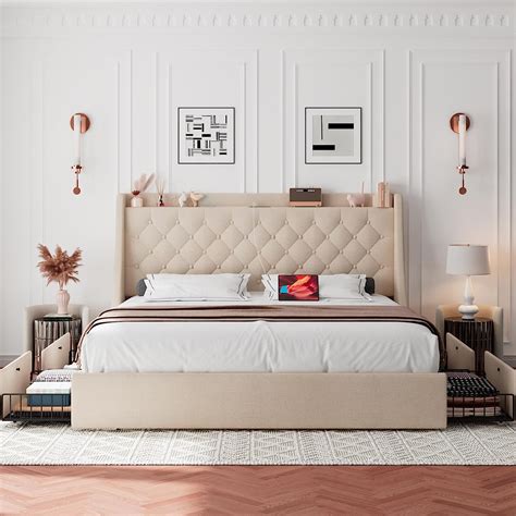 ipormis full size bed frame with 4 storage drawers upholstered platform bed frame