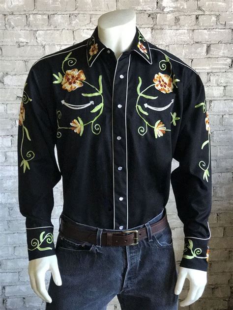 Mens Floral Embroidery Cotton Gabardine Black Western Shirt In 2020