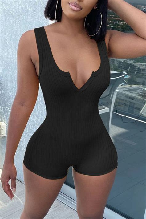 Black Fashion Sexy V Neck Sleeveless Spaghetti Strap Skinny Solid Romperjumpsuits