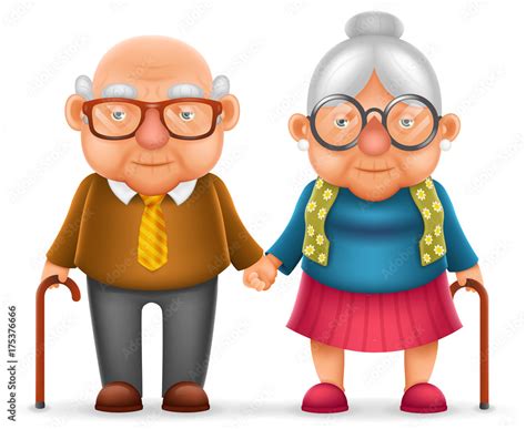 Cute Smile Happy Elderly Couple Old Man Love Woman Grandfather Grandmother 3d Realistic Cartoon