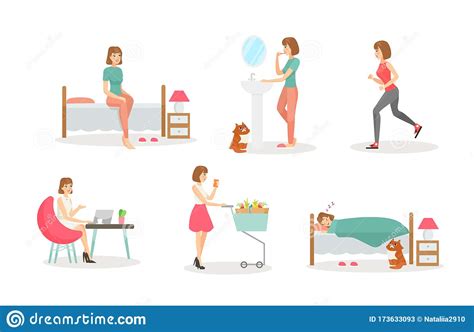 Woman Day Routine Flat Vector Illustrations Set Morning Procedures
