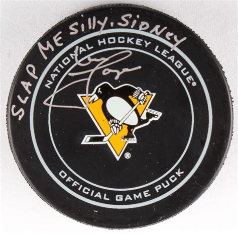 Mike Lange Signed Penguins Logo Hockey Puck Inscribed Slap Me Silly