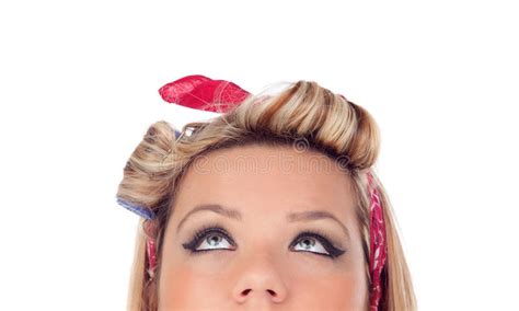 Cute Girl With Blue Eyes In Pinup Style Looking Up Stock Photo Image