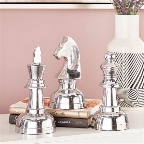 Cosmoliving Large Metallic Silver Decorative Chess Piece Sculptures