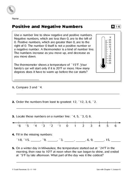 Positive And Negative Numbers Worksheet Grade 4