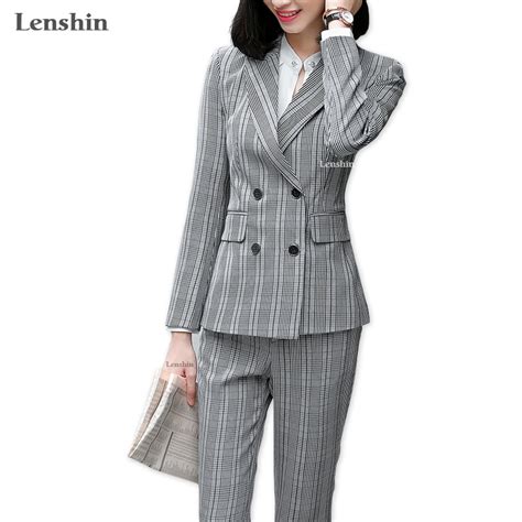 Lenshin 2 Piece Set Formal Pant Suit Double Breasted Blazer Office Lady