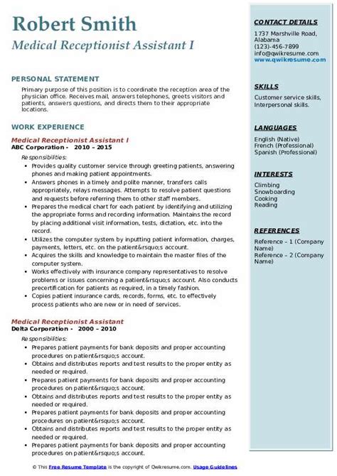 Check out real resumes from actual people. Medical Receptionist Assistant Resume Samples | QwikResume