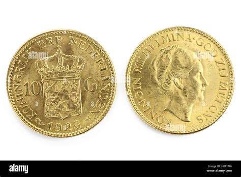 Dutch Wilhelmina Gold Coins Isolated On White Background Stock Photo