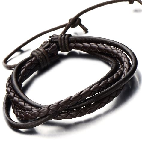 Hand Made Mens Brown Braided Leather Bracelet Multi Strand Genuine