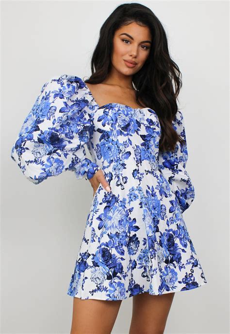 Blue Floral Print Puff Sleeve Skater Dress Missguided