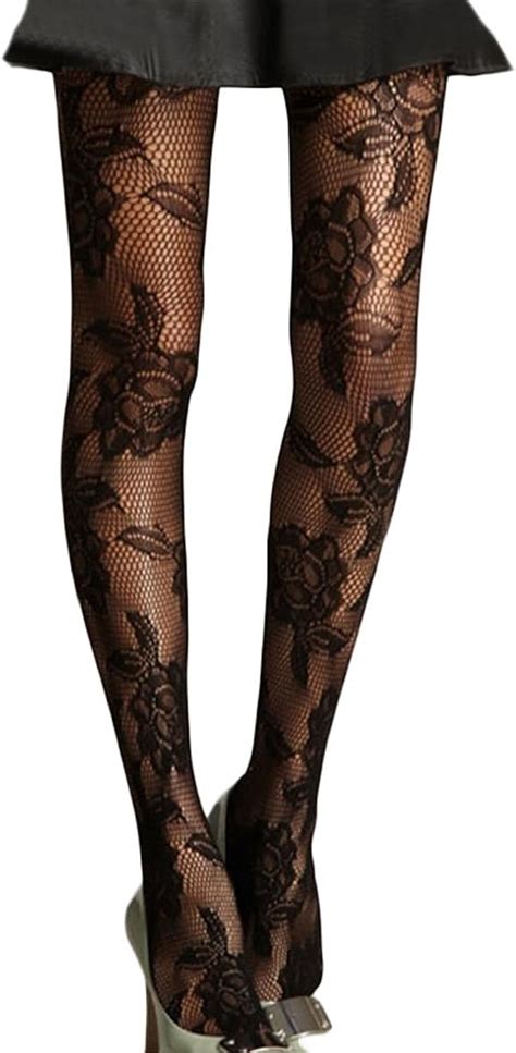 Womens Black Rose Floral Patterned Fishnet Tights Fashion Pantyhose