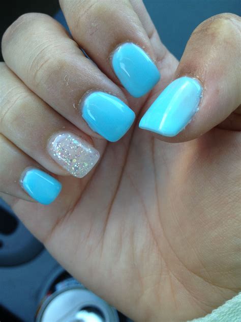 Sky Blue Gel Manicure With A Glittery Accent Acrylic Nails Light Blue