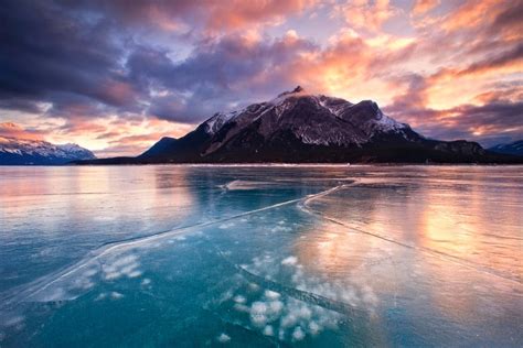 Mountain Winter Lake Sunrise Clouds Ice Frost