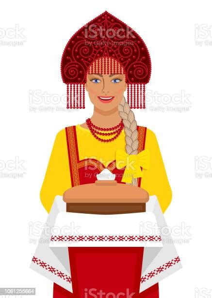 russian girl in traditional suit with bread and salt stock illustration download image now