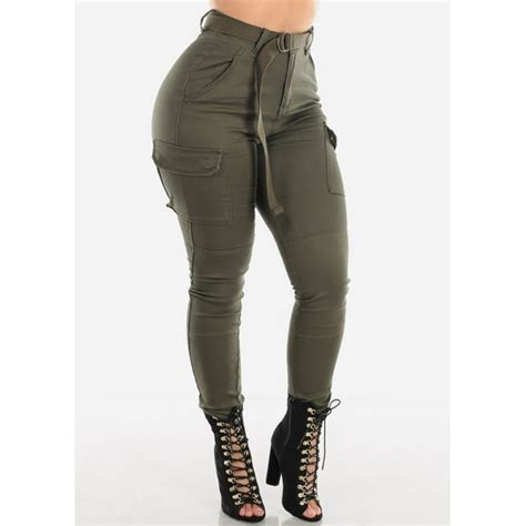 Moda Xpress Womens High Waisted Cargo Pants Olive With Belt 10199b