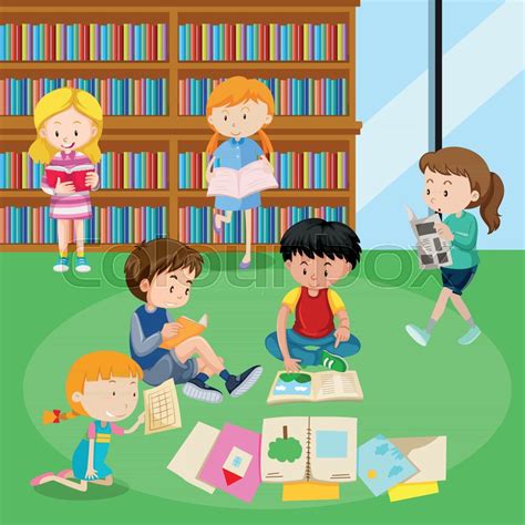 Students Reading Books In Library Stock Vector Colourbox