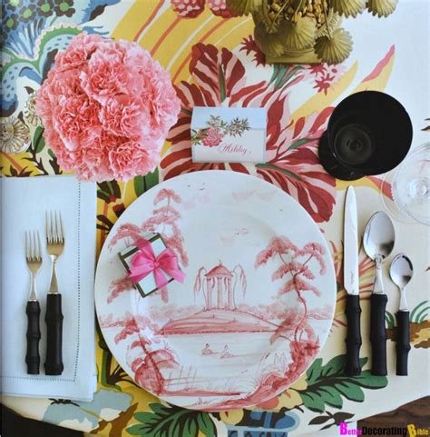Pink Chinoiserie Dinner Party Floral Table Cloth Bamboo Cutlery And