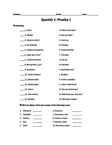 Spanish 1 Quiz Days Dates Time Numbers Greetings