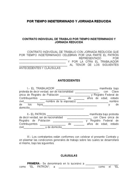 Contrato Individual De Trabajo Por Tiempo Indeterminado Y Jornada