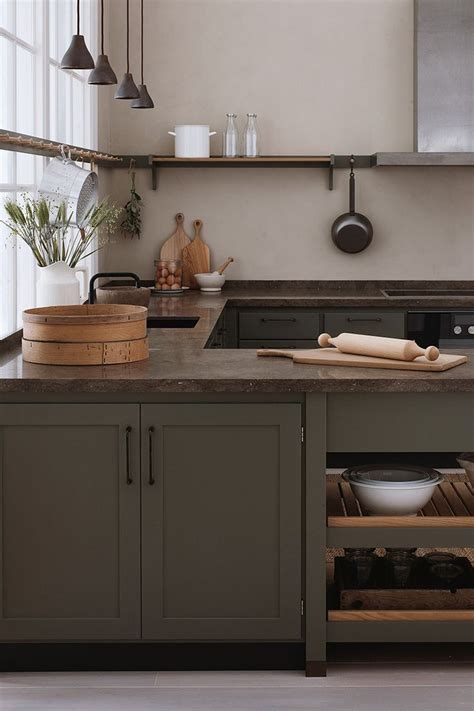 Beautiful Kitchen With Olive Green Cabinets Deep Earth Colored Marble