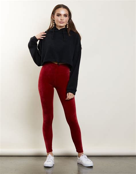 Red Velvet Leggings Women Fashion Velvet Fabric Red Pants Red