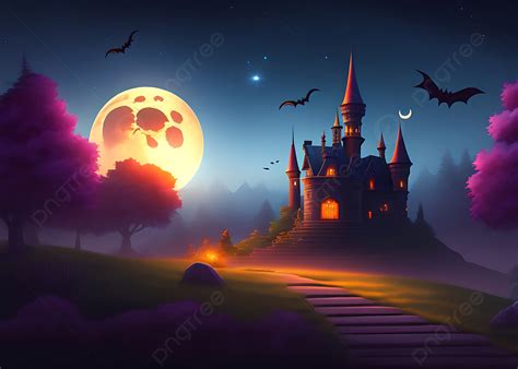 Haunted House On A Scary Moon Halloween Background With Graveyard And