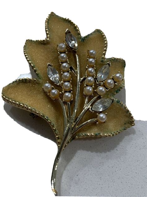 Coro Vintage Goldtone Leaf Broochpin With Faux Pearls And Etsy