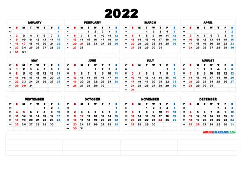 2022 Free Printable Yearly Calendar 6 Templates