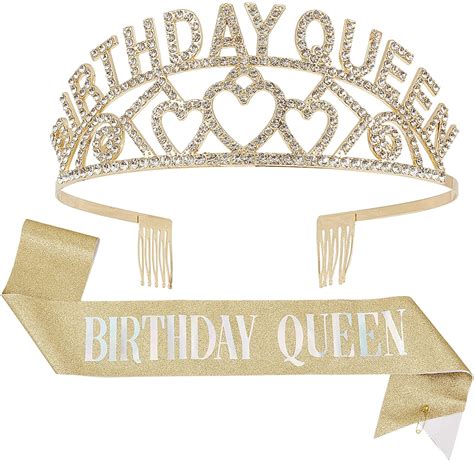 Ahandmaker Birthday Queen Tiara Sash Gold Crystal Crowns Tinplate