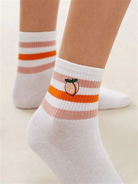 1pair Peach And Striped Graphic Socks Shein Usa Socks And Heels Socks And Tights Ankle Socks