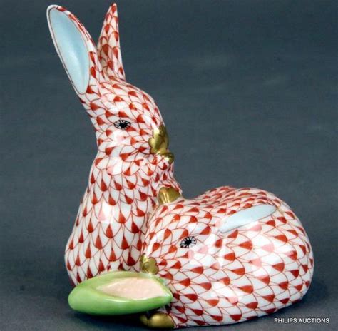 Herend Porcelain Rust Fishnet Rabbit Figurine Pair Zother 20th