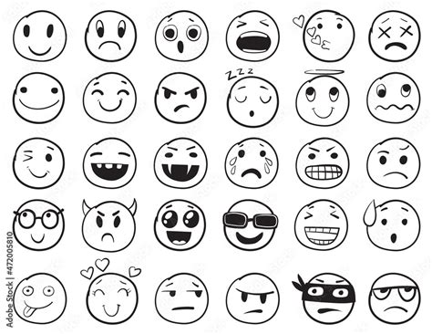 Doodle Emoji Set Doodles Image Pictograms Smile Emotion Funny Faces Happy Fun Emoticon Line