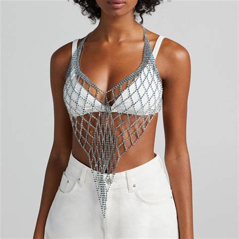 New Bling Crystal Bra Necklace Bikini Underwear Chain Harness For Women