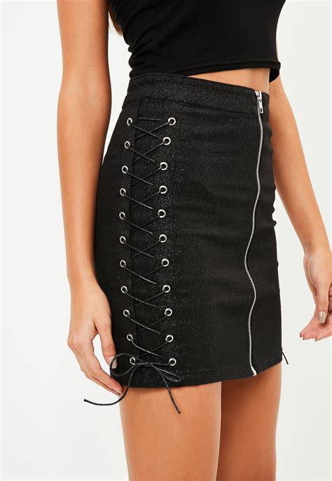 Missguided Black Metallic Coated Lace Up Denim Mini Skirt Lyst