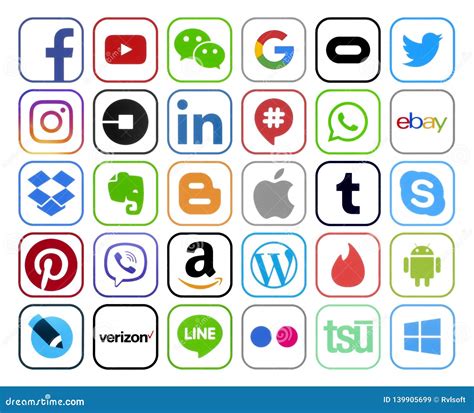Collection Of Popular Social Media Icons With Color Rim Editorial Stock
