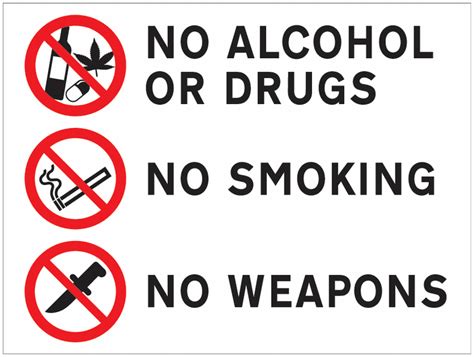 No Alcohol Drugs Smoking Weapons Sign For Car Parks Seton